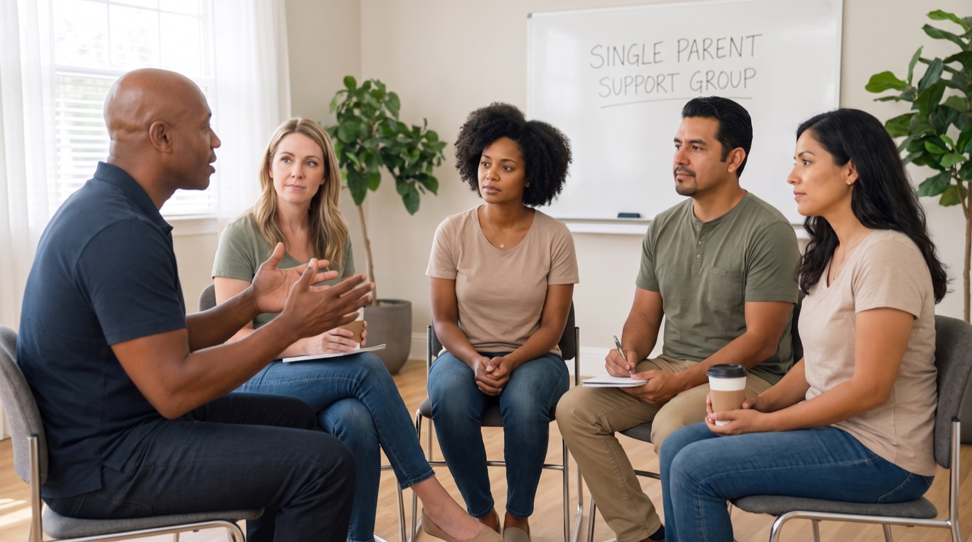 A group of single parents meeting for a Parent-to-Parent support group discussion